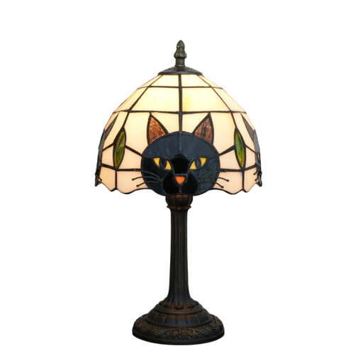 White Tiffany Table Lamp with Black Cat, 20 x 36.5 x 11.5 cm, Stained Glass and Resin Base, Night Light for Bedroom