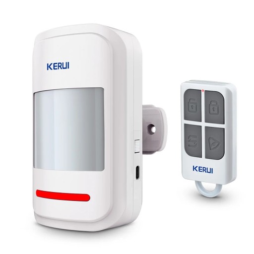 White wireless infrared motion sensor with remote control and 100 dB siren, dual mode alarm and doorbell, range 9 m, powered by 3x AAA batteries