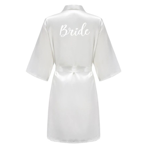 White Women's Wedding Robe Made of Artificial Silk Elegant Lightweight Tie Robe with the Inscription BRIDE Delicate Comfortable Garment