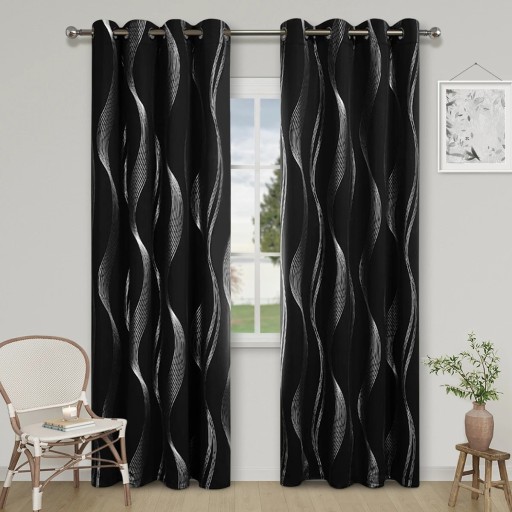 Wide Curtain with Wave Pattern and Rings, 132 x 213 cm, Polyester Curtain for Living Room, Bedroom and Guest Room