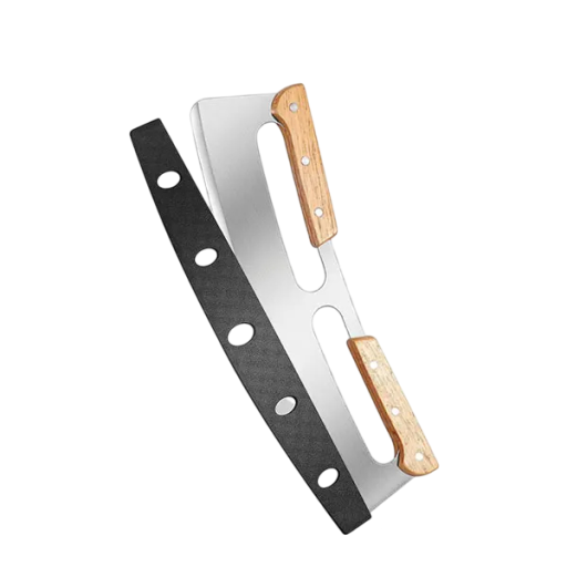 Wiegemesser für Kräuter und Teig 35 x 9,7 cm Küchenbeil mit zwei Holzgriffen Wiegemesser aus Edelstahl zum Hacken und Schneiden