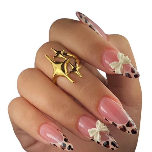Wild gestylde kunstnagels Amandelvorm Franse manicure Luipaardmotieven en 3D strikjes 12 maten Stijlvol contrast 24 stuks