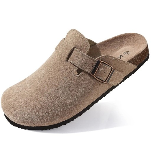 Wildleder-Kork-Hausschuhe mit anatomischer Innensohle und Fußgewölbeunterstützung. Hausschuhe für Damen und Herren. Ergonomische, weiche Schuhe für den Alltag.