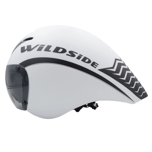 Wildside Aero cestná cyklistická pretekárska prilba s magnetickým štítom, obvod hlavy 55-61 cm, biela s čiernymi detailmi, časovkářska