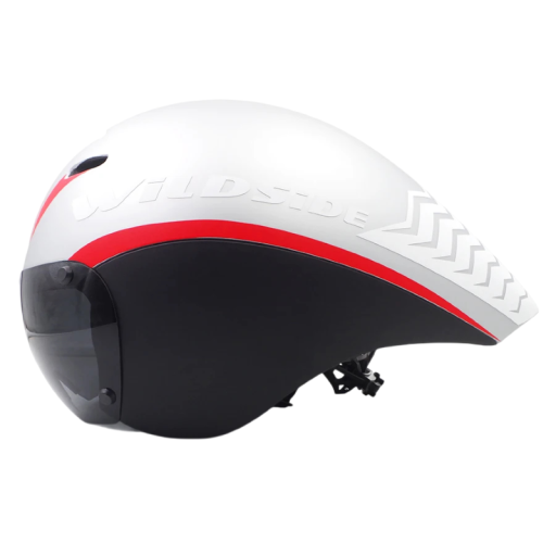 Wildside Aero racefietshelm met geïntegreerde vizier, hoofdomtrek 55-61 cm, wit-zwart met rode details, voor snelle ritten