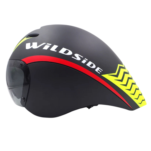 Wildside Aero racefietshelm met magnetisch vizier, omtrek 55-61 cm, zwart met geel-rode accenten, wegfiets voor snelle ritten