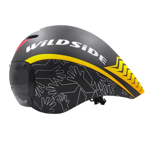 Wildside Aero racefietshelm met magnetische vizier, hoofdomtrek 55-61 cm, donker met gele streep en wit patroon, race