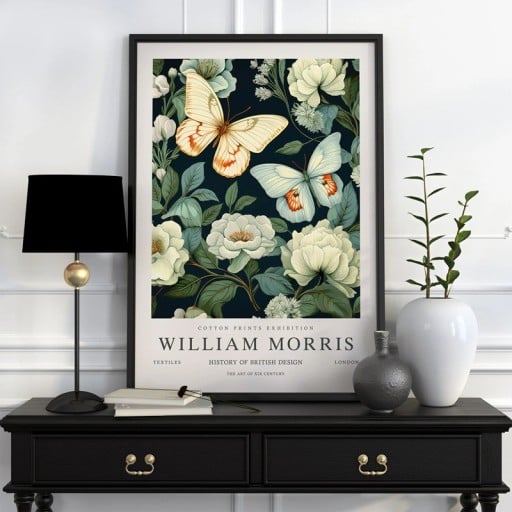 William Morris plakát virágokkal és pillangókkal 50x70 cm poliészter vászon sötétkék zöld falikép belső térhez