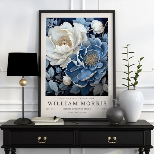 William Morris virágos botanikai motívumú plakát 40x60 cm poliészter vászon kék-fehér fali dekoráció az enteriőrbe