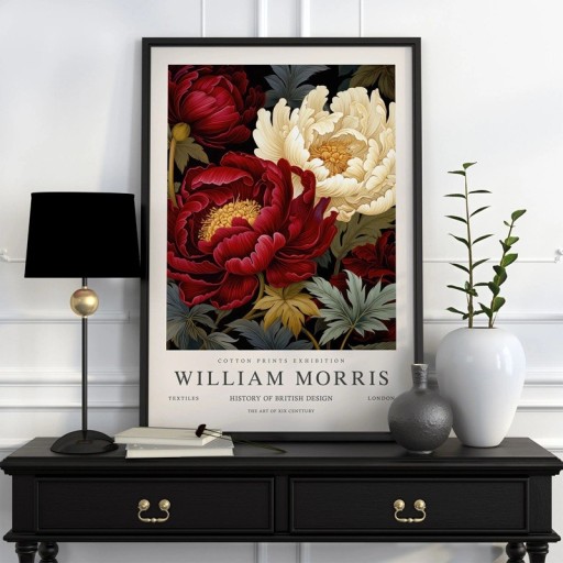 William Morris virágos botanikai motívumú poszter 40x60 cm poliészter vászon piros-fehér falikép a belső térbe
