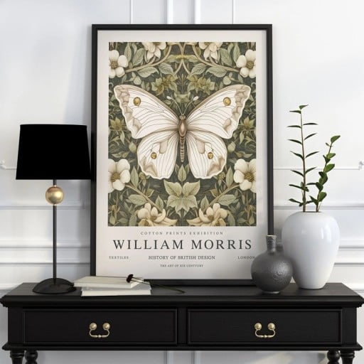 William Morrisin juliste perhosella ja kukkakuviolla 50x70 cm polyesterikangas beige-vihreä koristeellinen seinätaulu