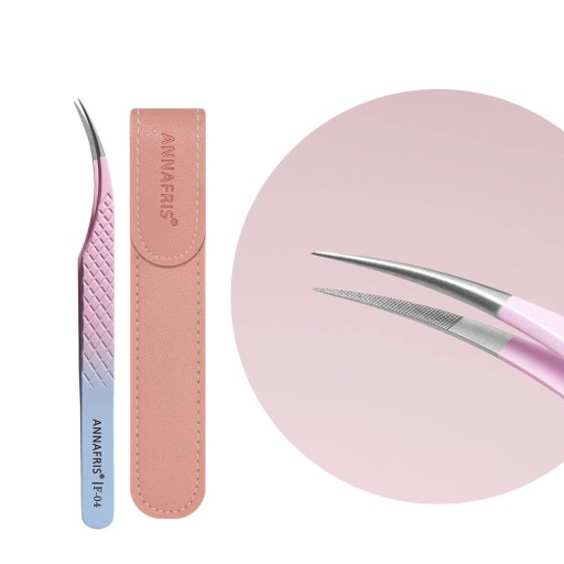 Wimperpinzette met licht gebogen punt 129 mm Roestvrij staal Vezelpunten Antislip lichaam Roze-blauw Voor volumetechniek