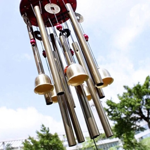 Windspiel zum Aufhängen 65 cm aus Metall und Holz Gartendeko Glückssymbol Klangschmuck Wohnamulett