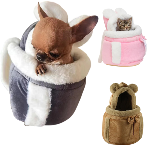 Winter draagbare rugzak voor huisdieren met pluche vulling, capuchon met oortjes en trekkoord, maat L, 35 x 25 x 32 cm, voor katten en kleine honden