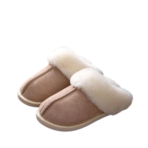 Winter geïsoleerde platte bontpantoffels voor dames. Warme pantoffels voor dames met zachte binnenzool. Comfortabele antislipschoenen voor de winter.