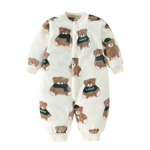 Winter- und Frühjahrsstrampler für Babys Weißer plüschiger Flanellstrampler mit Bärenmuster Weiche Kinderbekleidung aus Polyester für Jungen und Mädchen