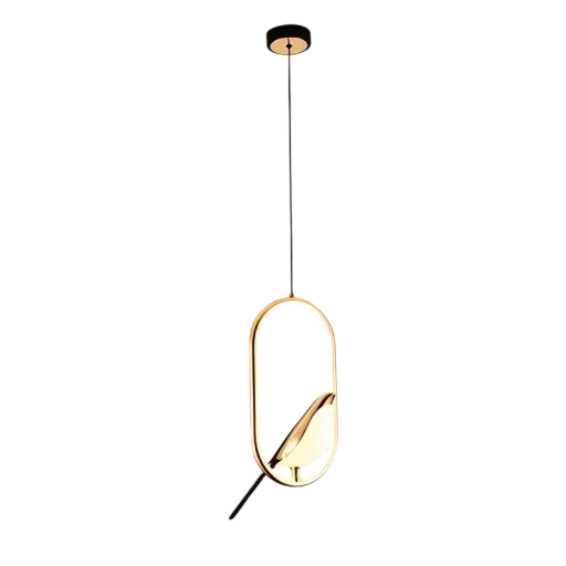 Wiszący żyrandol LED z owalną grzędą i ozdobnym ptakiem Nowoczesna lampa designerska 17×35 cm Ciepłe białe światło 3000K 31W 90-260V Regulowane zawieszenie 150 cm