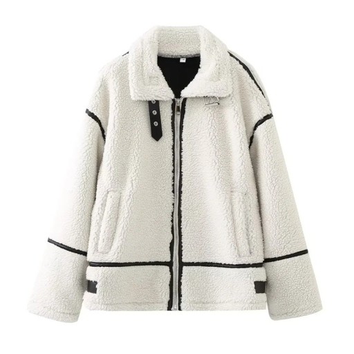 Witte dames winterjas van kunstbont Oversize jas met rits en kraag Warme herfstjas met zakken Stijlvolle pluche jas