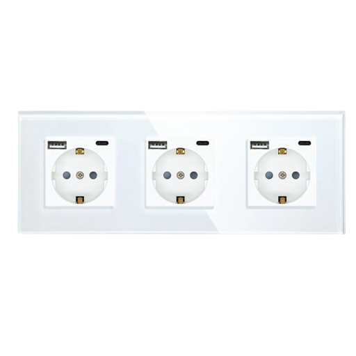 Witte drievoudige contactdoos type F met montageframe en USB- en USB-C-oplaadcontactdoospaneel in de muur Elektrische inbouwcontactdoos