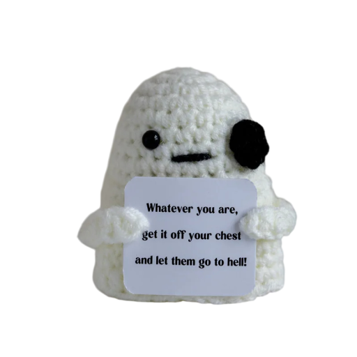 Witte gehaakte geest met inscriptie voor positieve energie Handgemaakt amulet Huisdecoratie Origineel cadeau Geluksamulet