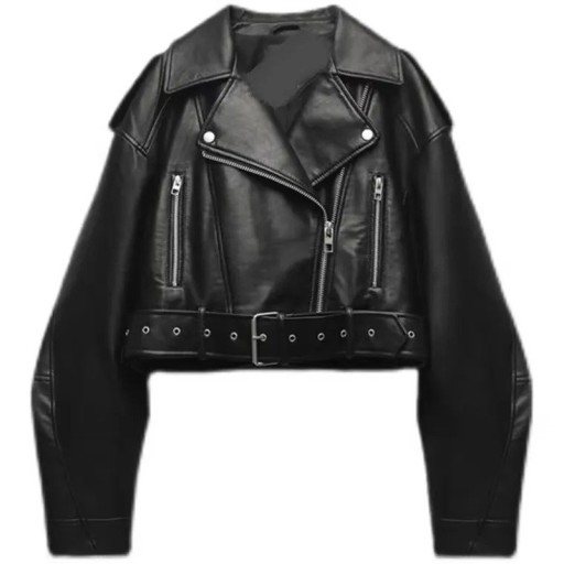 Women's Black Faux Leather Jacket Short Biker Style Asymmetrical Zip Waist Belt Metal Zips Rock Look Fashionable Spring Jacket