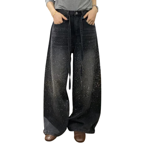 Women's Black Sparkly Jeans with Rhinestones All Over in a Loose Wide Cut with Belt Loops and Front Pockets