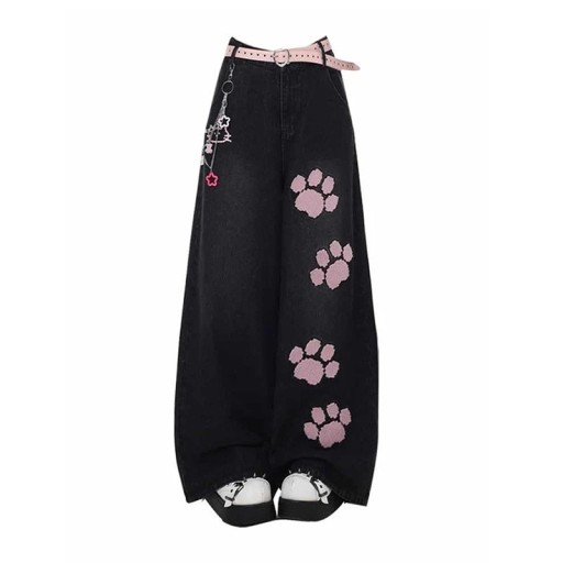 Women's Black Wide Jeans with Pink Paw Prints on the Leg in Long Length with High Waist, Belt Loops, and Front Pockets