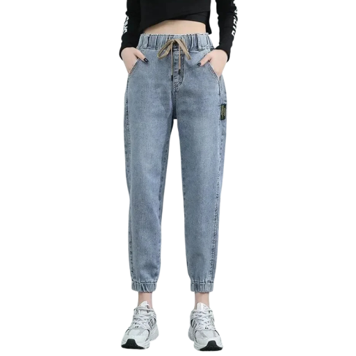 Women's Blue Cargo Jeans with High Elasticated Waist and Drawstring Tapered Legs, Elastic Cuffs and Side Pockets