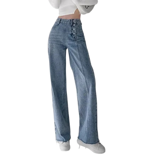 Women's Blue High-Waisted Jeans with Loose Straight Legs Fastened with a Row of Buttons and Frayed Hem