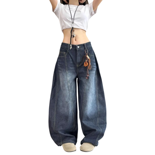 Women's Blue Jeans Loose Fit Pockets Cotton Polyester Comfortable Casual Trousers Wide Legs Modern Casual Style for Everyday Wear