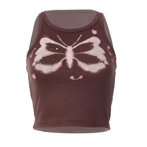 Women's Brown Crop Top with Butterfly Print O-Neck Wide Straps Stylish Top Polyester Spandex
