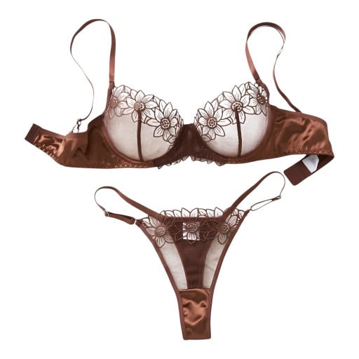 Women's Brown Lingerie Set with Floral Embroidery, Sheer Underwired Bra and Thong with Adjustable Sides and Shiny Crotch