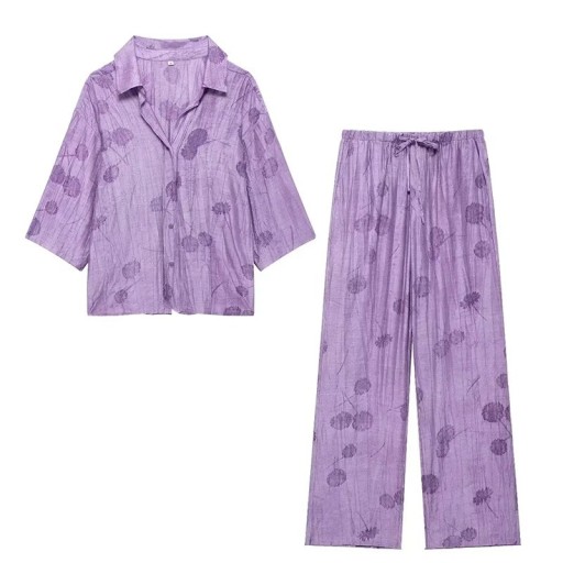 Women's Button-Up Top Set with Collar and Wide Long Trousers Three-Quarter Sleeves Drawstring at Waist Polyester Loungewear and Leisure