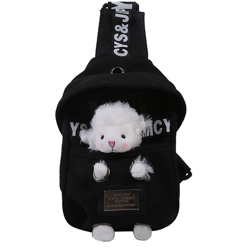 Women's canvas crossbody bag with a plush sheep in the front pocket Plush paws and legs Strap with printed text 22 x 14 x 3 cm