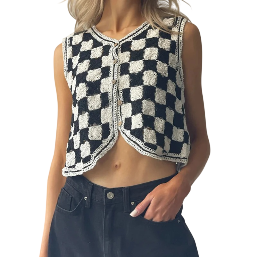 Women's Checked Waistcoat with Buttons Universal Size Polyester Black and White Sleeveless for Layering Everyday Wear