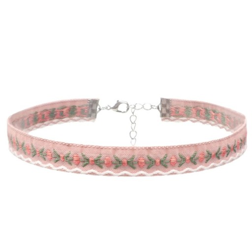 Women's Choker Necklace with Embroidered Pattern and Fastening Cotton Pink Textile Accessory for Everyday Wear