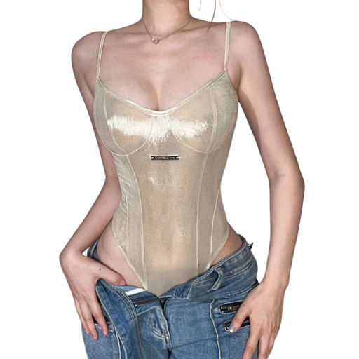 Women's Corset Body with Thin Straps, Boning, Deep Neckline and Fitted Elastic Cut in Gold