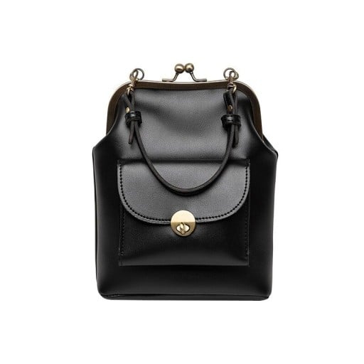Women's crossbody handbag with a metal frame and ball clasp Handle and detachable strap Front pocket with a rotating lock 18 x 24 x 7 cm