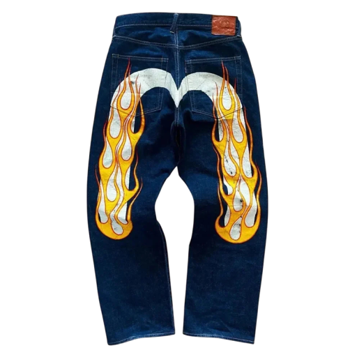 Women's Dark Blue Jeans with Flame Print on the Back, Wide Legs, Belt Loops and Contrast Stitching