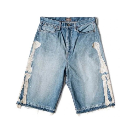 Women's Denim Shorts with Bone Embroidery and Wide Legs, Loose Fit Frayed Hem Shorts for Summer and City Wear