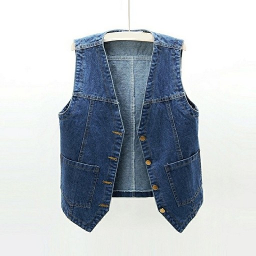 Women's Denim Waistcoat Without Collar Deep V-Neck Metal Buttons in Antique Gold Shade Two Patch Pockets Pointed Lower Hem