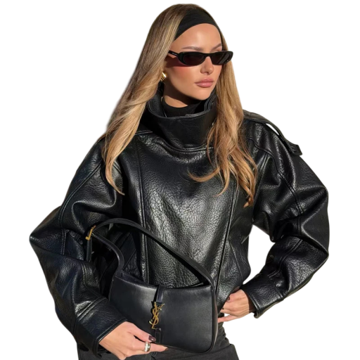 Women's Faux Leather Jacket with Stand-Up Collar, Zip and Button Fastening, Long Sleeves with Pockets, Casual for City and Everyday Wear
