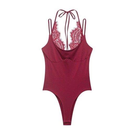 Women's Fitted Body with Thin Straps, Lace Neckline, Shaped Cups and Neck Tie in Stretchy Material Black