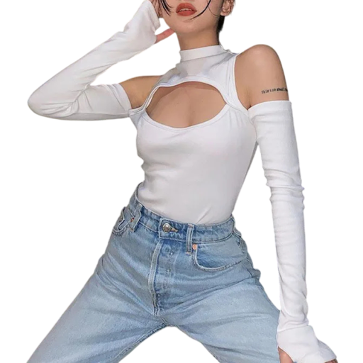 Women's Fitted Bodysuit with Roll Neck, Cut-out Under the Décolletage and Long Sleeves with Exposed Shoulders in Stretch Knit