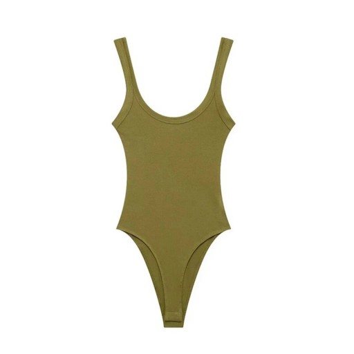 Women's Fitted Bodysuit with Wider Straps and Deep Round Neckline, Smooth Stretch Surface and Snap Fastening in the Crotch
