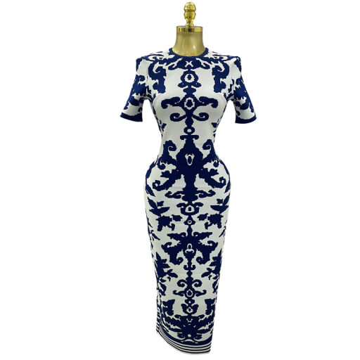Women's Fitted Long Dress with Short Sleeves and Ornamental Pattern with Round Neck for Social and Daily Wear in Blue and White