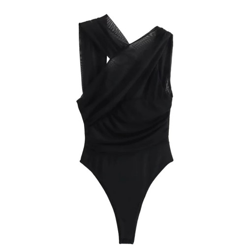 Women's Fitted Sleeveless Body with Exposed Shoulders, Crossed Front, Ruching and Mesh in Stretchy Black Material