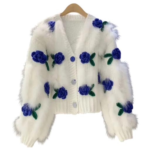 Women's Fluffy Knitted Button Cardigan with 3D Flowers Made of Polyester and Cotton with V-Neck for Autumn and Winter