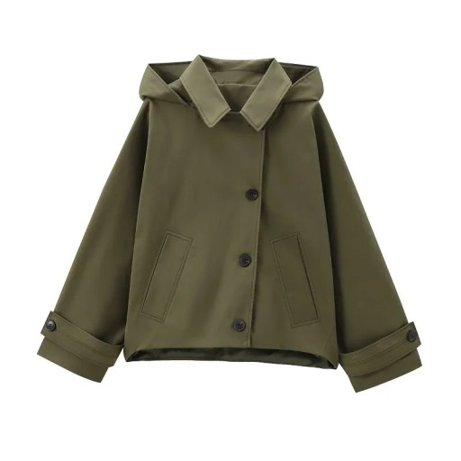 Women's Green Hooded Jacket with Buttons, Pockets and Long Sleeves for Autumn and Winter, Casual for City and Everyday Wear