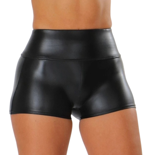 Women's High Waist Black Matte PU Material Plain Elegant Faux Leather Shorts for Parties and City